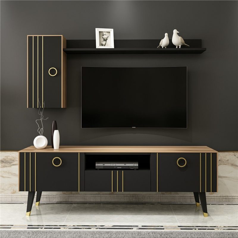 Monity-Black-and-Gold-TV-Cabinet-With-Floating-Shelf-Wall-Unit-296564642314 – product image