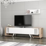 Modern-TV-Cabinet-with-2-Side-Tables-Floating-Wall-Shelf-White-296534087465-3 – product image