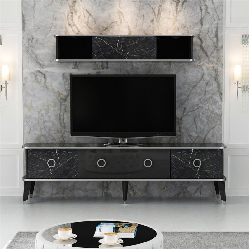 Large-Modern-Marble-Pattern-TV-Cabinet-with-Wall-Unit-Finished-in-BlackSilver-296564647916 – product image