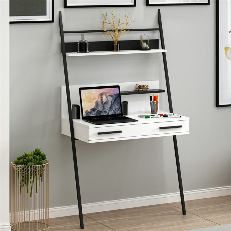 Hang-Wall-Mounted-Home-Office-Study-Desk-With-Floating-Shelve-White-Black-297229768767 – product image