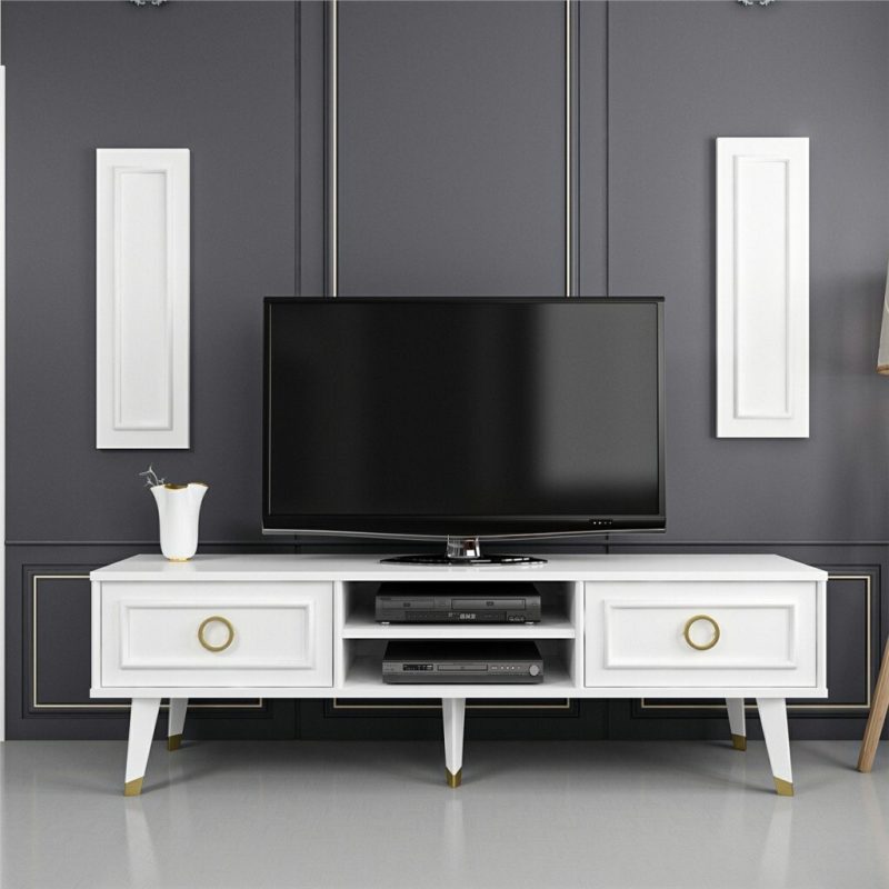 Modern-TV-Stand-150cm-High-Gloss-White-Gold-With-2-Wall-Panels-296985295387 – product image